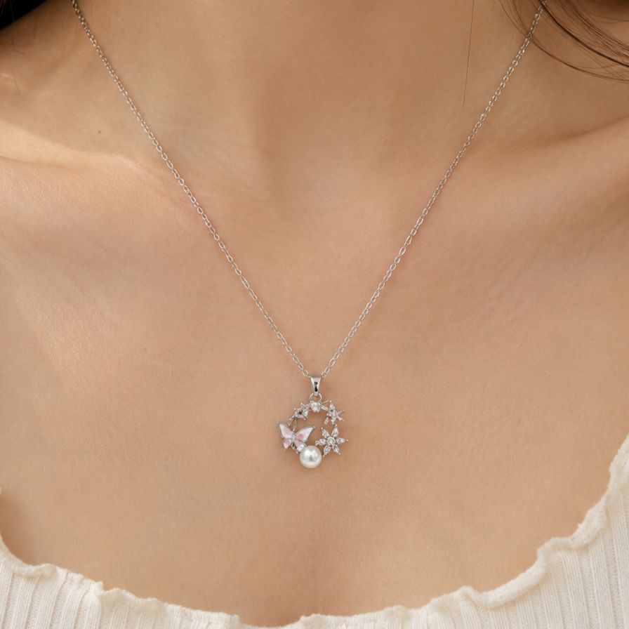 Silver Butterfly Pearl Floral Necklace