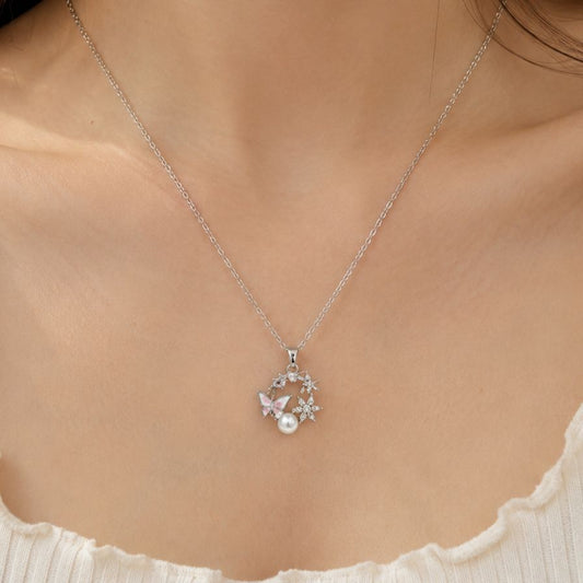 Silver Butterfly Pearl Floral Necklace