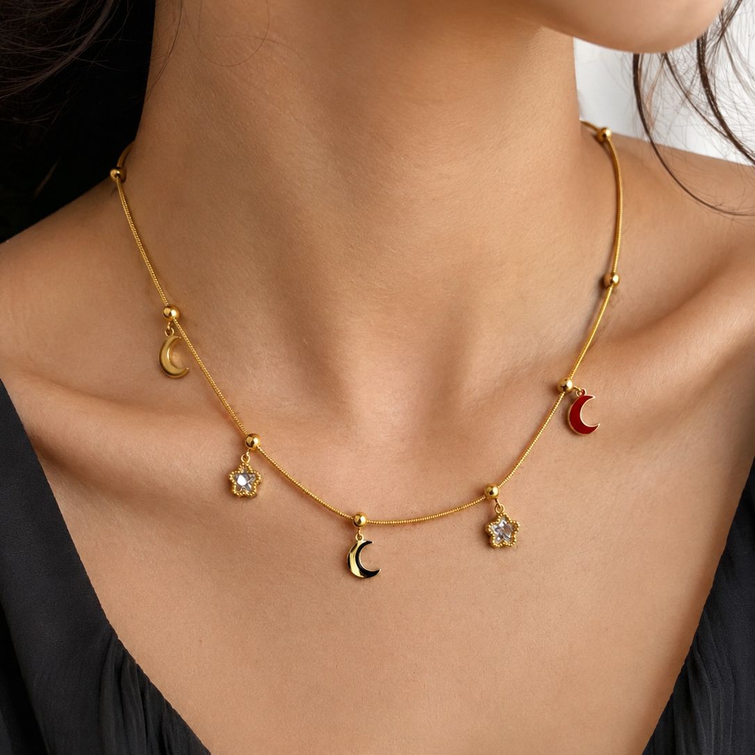 Celestial Moon & Floral Charm Necklace